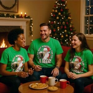 MAD Engine ✦ Holiday Tee ✦ Green “Santa Likes Beer Too” Christmas Shirt L NWT